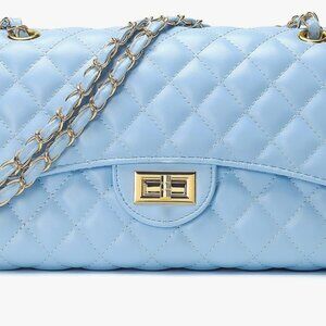 Quilted Light Blue Mini Crossbody Bag – Gold Chain Flap, Designer-Inspired